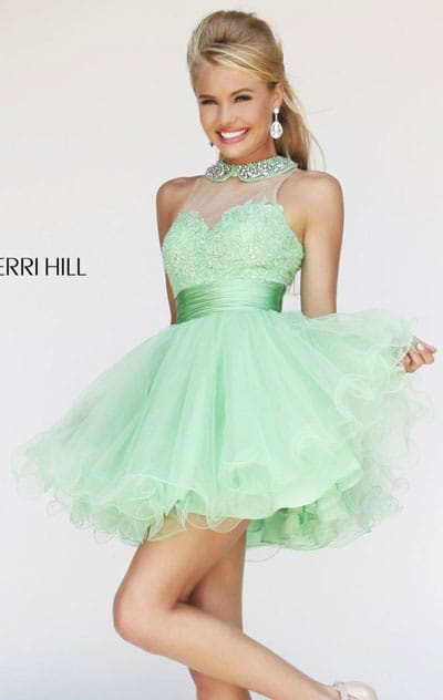 Cheap Sherri Hill 21227 Beaded Light Green Bodice Short Lace Party Dress