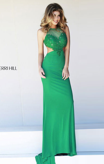 Sherri Hill 32008 Emerald Appliques Open-Back Party Dress Disocunt