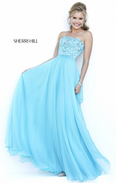 Sherri Hill 32242 Aqua Strapless Beaded Straight-Neck Evening Gown