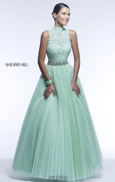 Sherri Hill 21334 Light Green Open-Back Floral Lace Prom Dress