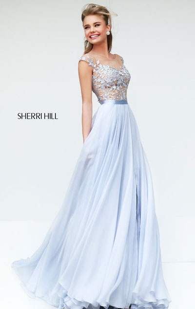 Cheap Sherri Hill 11151 Silver/Nude High-Neck A-Line Beaded Prom Dress