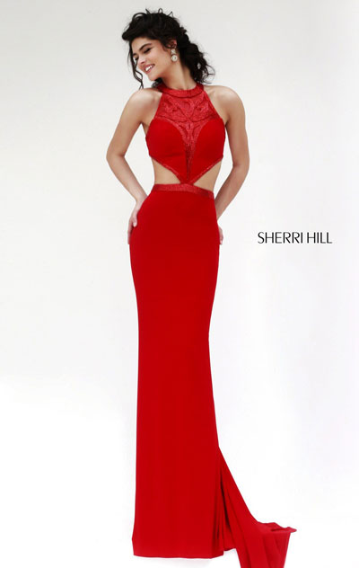 Cheap Sherri Hill 11124 Red/Red Beaded Jewel Neck party Dress