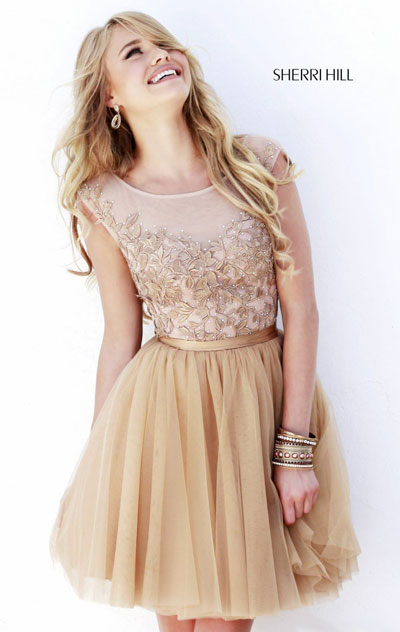 2014 U-Back Sherri Hill 11171 Chiffon Nude Short Lace Cocktail Dress