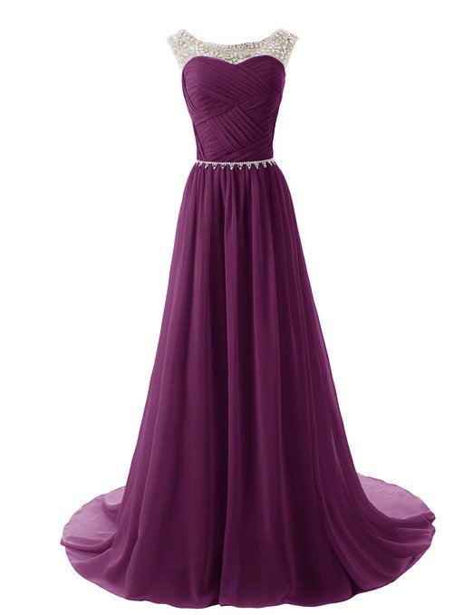 Dressystar Elegant Chiffon Beads Long Prom Dresses 2014 Pleated Party Gowns Size 2 Grape