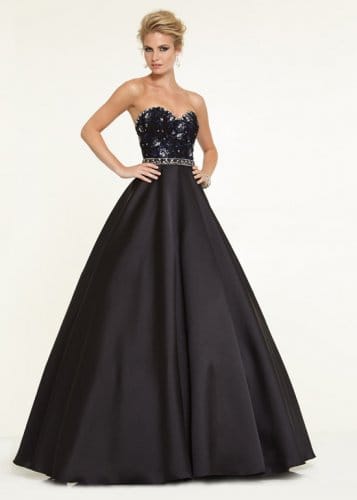 A Line Long Strapless Black Beaded Satin Dress For Prom