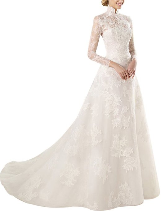 New High Neck White Long Lace Sleeves Beads Veil Train Wedding Dress Prom Gown