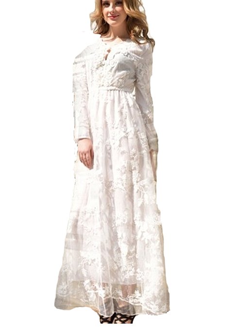 Hot selling Fine craft crochet lace embroidered long-sleeved dress big swing Wedding dress (L)