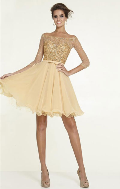 2015 Off Shoulder Mori Lee 9301 Beaded Gold Short Cocktail Dress