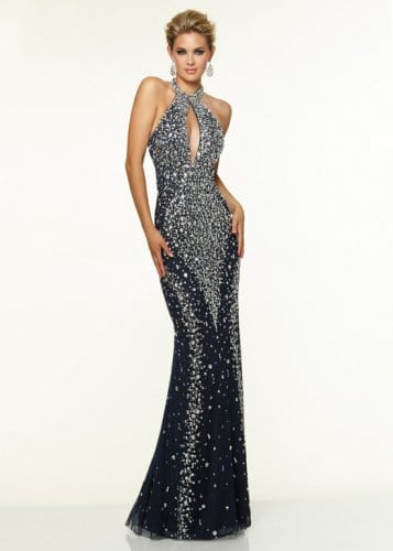 Navy Halter Neck Beaded Keyhole Back Fitted Prom Dress
