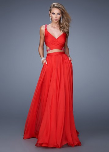 Red Two Piece Crisscrosses Beaded Straps Side Long Evening Gown