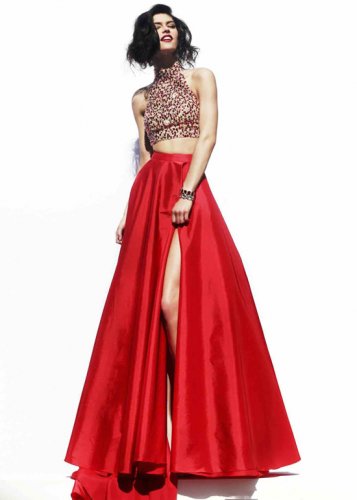 2015 Red Halter Beaded Two Piece Side Slit Keyhole Back Sherri H