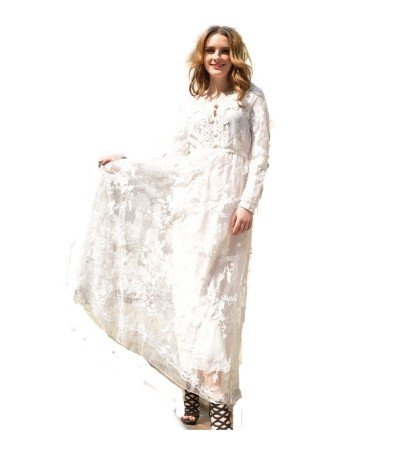 Hot selling Fine craft crochet lace embroidered long-sleeved dress big swing Wedding dress (L)