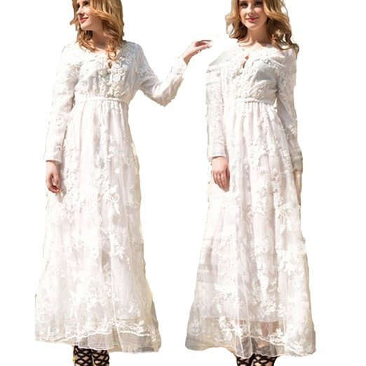Hot selling Fine craft crochet lace embroidered long-sleeved dress big swing Wedding dress (L)