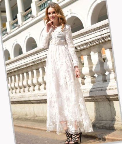 Hot selling Fine craft crochet lace embroidered long-sleeved dress big swing Wedding dress (L)