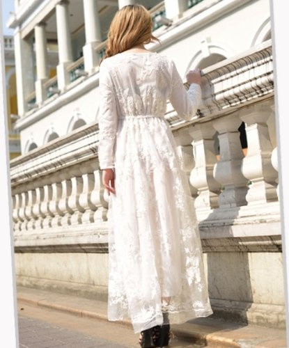 Hot selling Fine craft crochet lace embroidered long-sleeved dress big swing Wedding dress (L)
