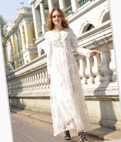 Hot selling Fine craft crochet lace embroidered long-sleeved dress big swing Wedding dress (L)