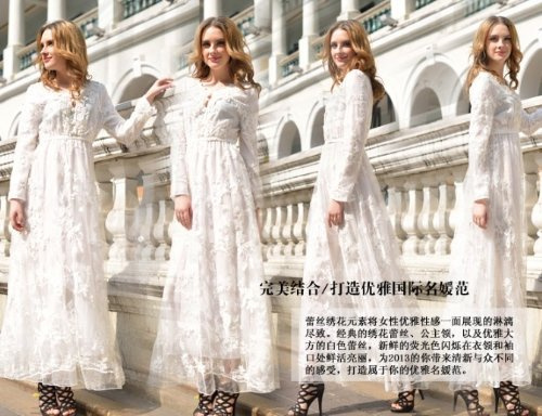 Hot selling Fine craft crochet lace embroidered long-sleeved dress big swing Wedding dress (L)