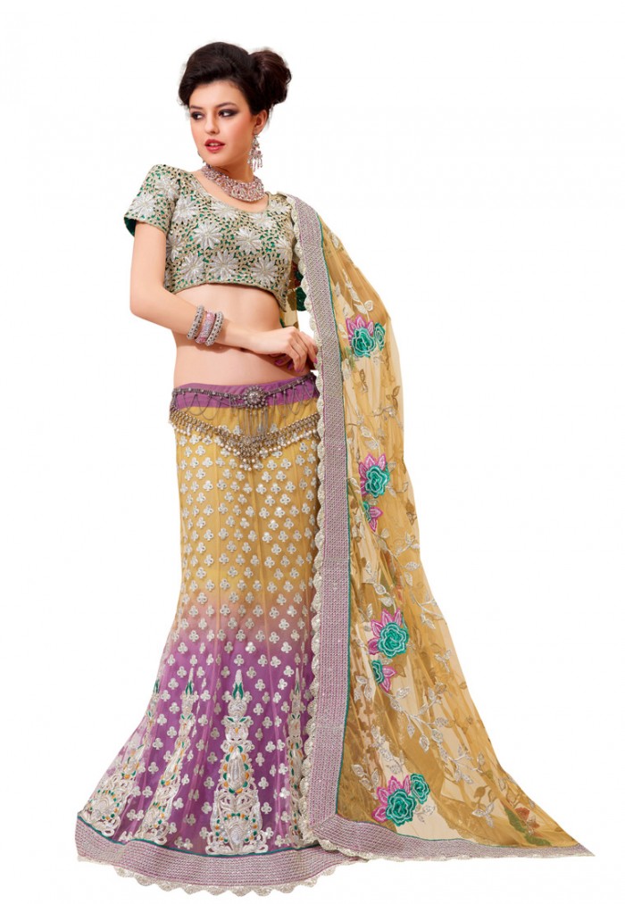 Yellow Purple Color Net Designer Lehenga Choli Designs