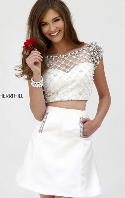 2015 Two Piece Beaded Cap Sleeves Ivory Bateau-Neck Sherri Hill 32309 Short Homecoming Dresses