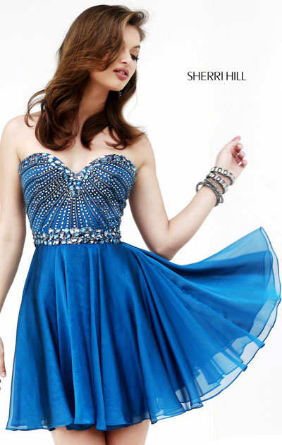 2015 Sweetheart-Neck Sherri Hill 1930 Beaded Royal/Gunmetal Chiffon Short Homecoming Dresses