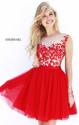 2015 Sweetheart-Bodice Red/Nude Bateau-Neck Sherri Hill 11171 Chiffon Short Homecoming Dresses