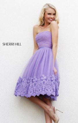 Sherri Hill 11092 Sheer Bodice Straight-Neck 2015 Lilac Short Lace Homecoming Dresses