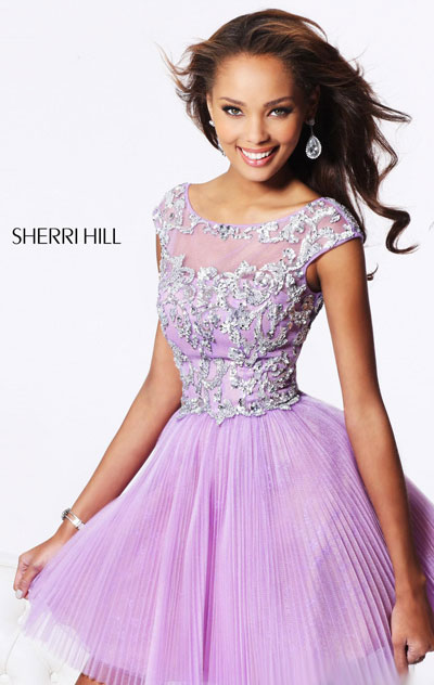 Sherri Hill 21032 Cap-Sleeves 2015 Sequin A-Line Short Tulle Homecoming Dresses Lilac/Silver