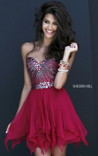 2015 Strapless Beaded Sherri Hill 1931 Chiffon Ruby/Gunmetal Short Layered Homecoming Dress