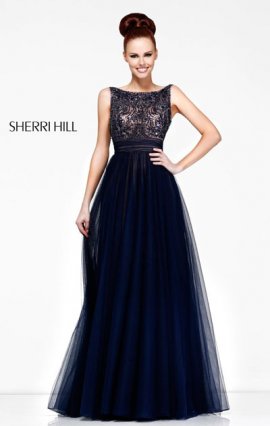 2014 Beaded Open-Back Navy High-Neck Sherri Hill 11022 Long A-Line Homecoming Dresses