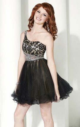 Hannah S 27939 Asymmetrical Black/Nude Short Lace Homecoming Dresses Beaded 2015