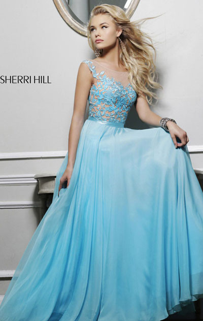 2015 Beaded Aqua/Nude Chiffon Sherri Hill 11151 A-Line Long Homecoming Dresses