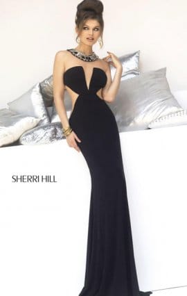 Halter-Neck Sherri Hill 4329 Deep V-Neck 2014 Black Long Bodice Evening Gowns