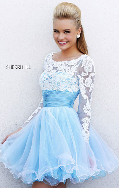 Beaded Sherri Hill 21234 Long-Sleeved Blue/Ivory Cheap Ruched Short Lace Prom Dresses