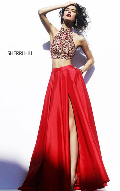 Beaded Halter-Neck Cheap Red Two-Piece Sherri Hill 32020 Long Bodice Prom Dresses