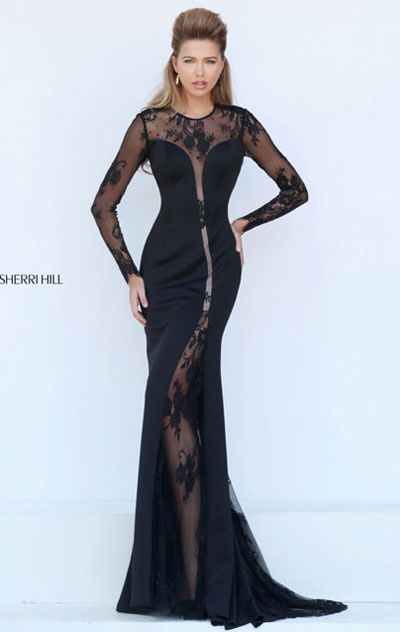 Sherri Hill 50322 Lace Full Sleeved 2016 Black High-Neck Long Bodice Prom Dresses