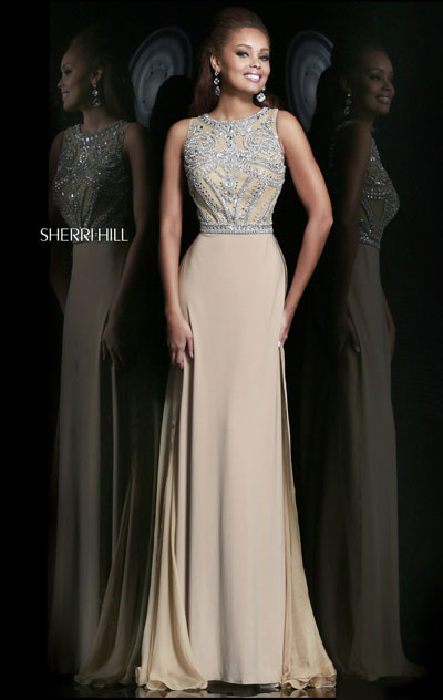 2015 Scoop-Neck Sherri Hill 11069 Nude/Silver Beaded Long Bodice Prom Dresses