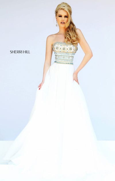 Sherri Hill 11175 Straight-Neck Ivory/Multi Beaded 2015 Long Chiffon Prom Dresses