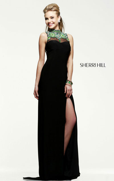Sherri Hill 21370 Open-Back Cheap Black Close-Neck Beaded Long Prom Dresses Sherri Hill 21370 Open-Back Cheap Black Close-Neck Beaded Long Prom Dresses
