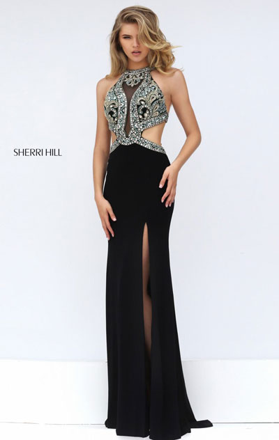 Beaded Black Cutout Sherri Hill 50383 Sheer Long Slit Prom Dresses 2016