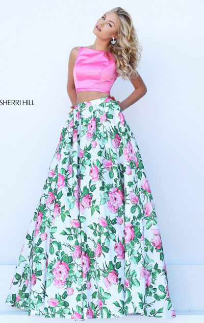 2016 Printed High-Neck Sherri Hill 50448 Two-Piece Pink/Ivory Long Prom Dresses