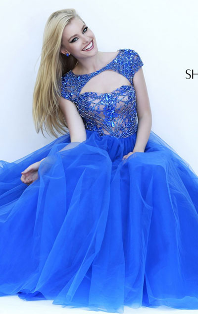Boat-Neck Sherri Hill 11199 Beaded 2016 Royal Cap Sleeves Long Prom Dresses