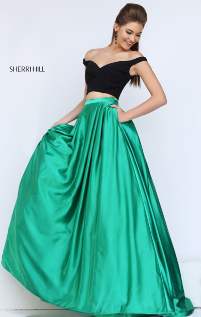 Off-The-Shoulder Black/Emerald 2016 Sherri Hill 50194 Two-Piece Long Bodice Prom Dresses