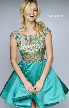 V-Back Emerald Beads 2015 Sherri Hill 32273 Cap-Sleeves Short Cocktail Dress