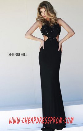Black Sleeveless Appliques Discount Sherri Hill 32008 Open-Back Long Prom Dresses