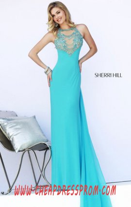 High-Neck Sherri Hill 32043 Keyhole Aqua Beading Affordable Long Bodice Prom Dresses