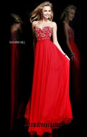 Beaded Red Cheap Sweetheart-Neck Sherri Hill 8545 Bodice Long Prom Dresses