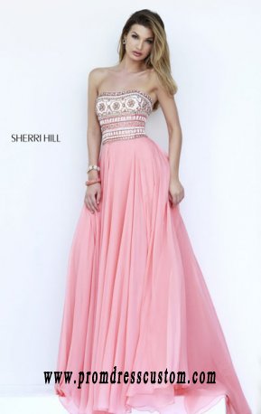 Melon/Multi Beaded 2015 Straight-Neck Sherri Hill 11175 Long Chiffon Prom Dresses - $228.00