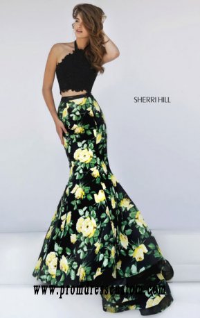 Two-Piece Black Floral Printed 2016 Halter-Neck Sherri Hill 50026 Mermaid Gown