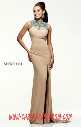 Sherri Hill 21370 Open-Back Beading Nude Close-Neck Discount Long Prom Dresses