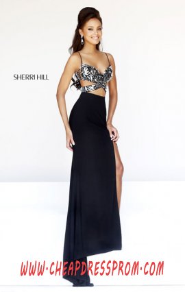 Affordable Beads Black/Silver Appliques Sherri Hill 21332 Bodice Long Prom Dresses